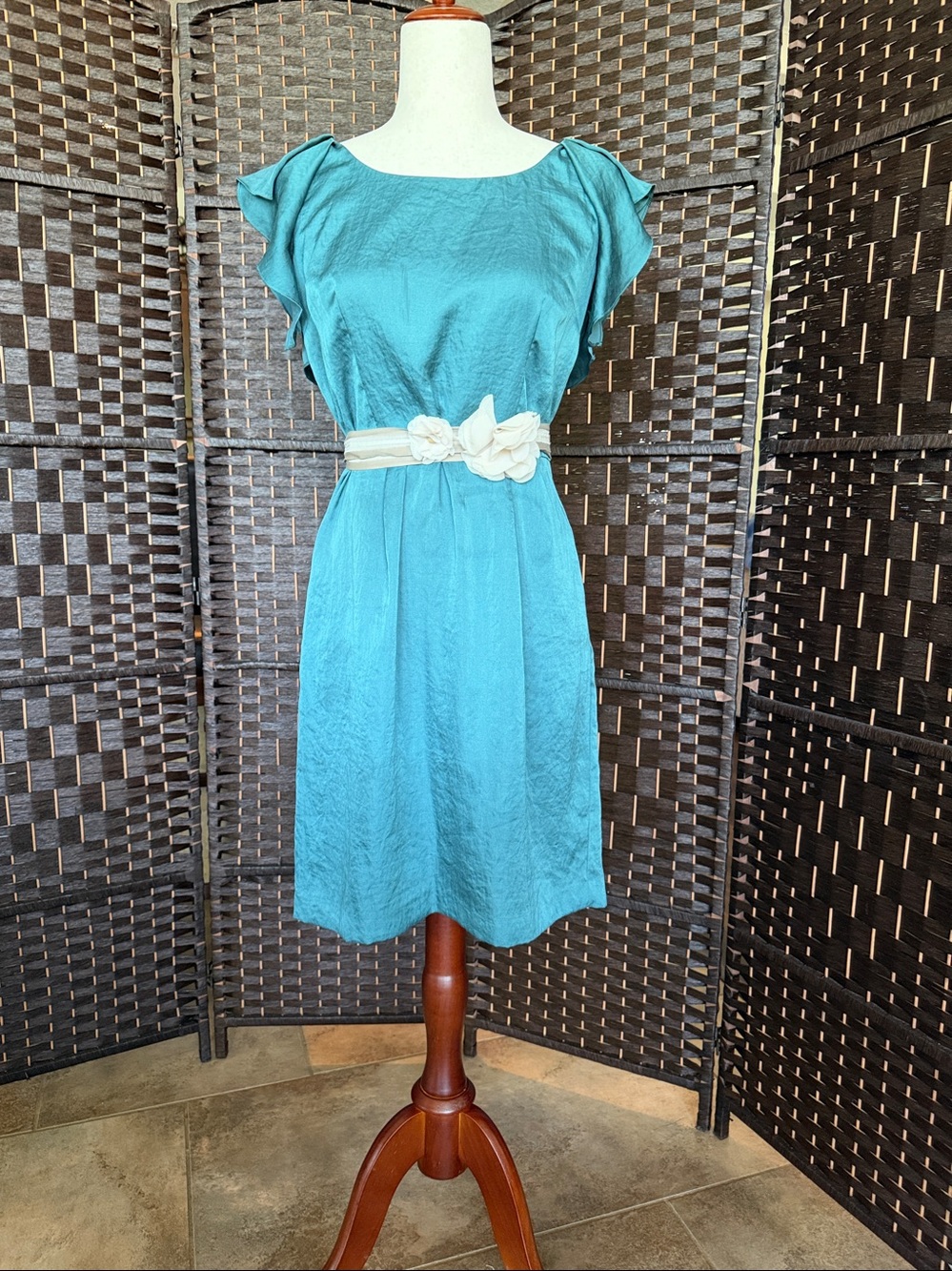 LOFT Teal Sheath Dress with Ruffled Cap Sleeves and Pockets!